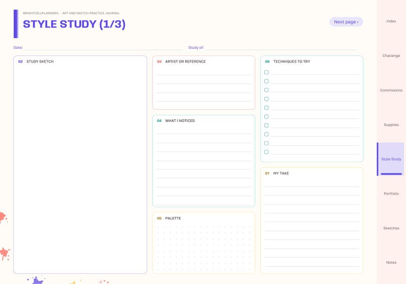 May include: A digital art and sketch practice journal page titled STYLE STUDY (1/3). The layout includes sections for Study Sketch, Artist or Reference, What I Noticed, Palette, Techniques to Try, and My Take, with a sidebar navigation menu.
