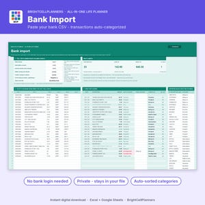 May include: A digital spreadsheet interface titled Bank Import by BrightCellPlanners. The layout features columns for transaction data, auto-categorization rules, and summary metrics. The color scheme is dark green and light mint green.