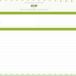 May include: A digital assignment tracker planner page with a green and white color scheme. The header reads SETUP, followed by sections for THE BASICS and NOTES. A vertical tab menu on the right lists months and categories.