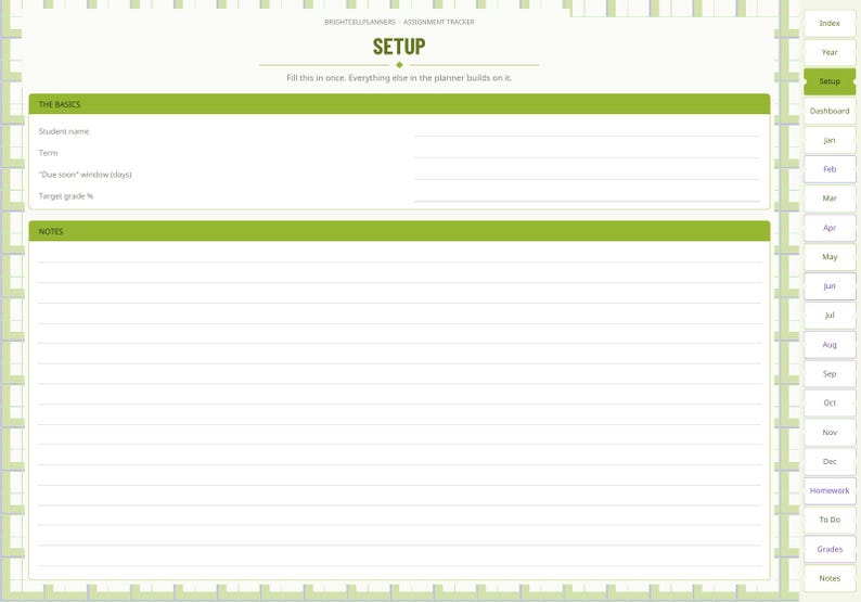 May include: A digital assignment tracker planner page with a green and white color scheme. The header reads SETUP, followed by sections for THE BASICS and NOTES. A vertical tab menu on the right lists months and categories.