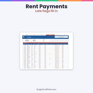 May include: A digital spreadsheet interface titled Rent Payments with the subtitle Late flags fill in. The table displays financial data in rows and columns with blue and red headers, featuring BrightCellPlanners at the bottom.