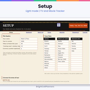 May include: A digital TV and movie tracker setup page with a cream background and black header. It includes sections for basics, genres, streaming services, and viewing companions, with text fields populated for Robin & Theo in 2026.
