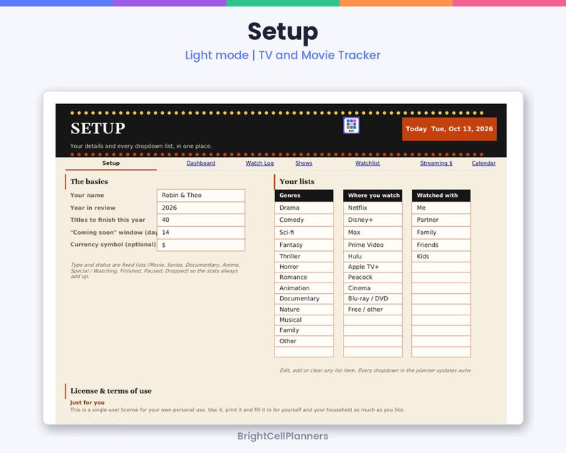 May include: A digital TV and movie tracker setup page with a cream background and black header. It includes sections for basics, genres, streaming services, and viewing companions, with text fields populated for Robin & Theo in 2026.