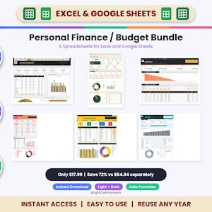 May include: A digital Personal Finance and Budget Bundle featuring six spreadsheet templates for Excel and Google Sheets. The display includes various financial dashboards with charts, graphs, and tables, alongside text labels like Auto Formulas and Fully Editable.