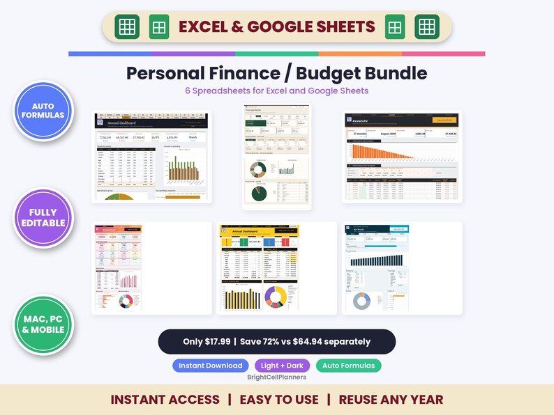 May include: A digital Personal Finance and Budget Bundle featuring six spreadsheet templates for Excel and Google Sheets. The display includes various financial dashboards with charts, graphs, and tables, alongside text labels like Auto Formulas and Fully Editable.