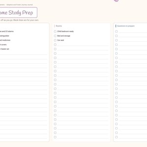 May include: A digital planner page titled Home Study Prep with three columns for checklists. Sections include Safety, Rooms, and Questions to prepare. The left side features navigation tabs labeled Index, Our Why, Agencies, Paperwork, Home Study, Timeline, Expenses, Letters, and Notes.