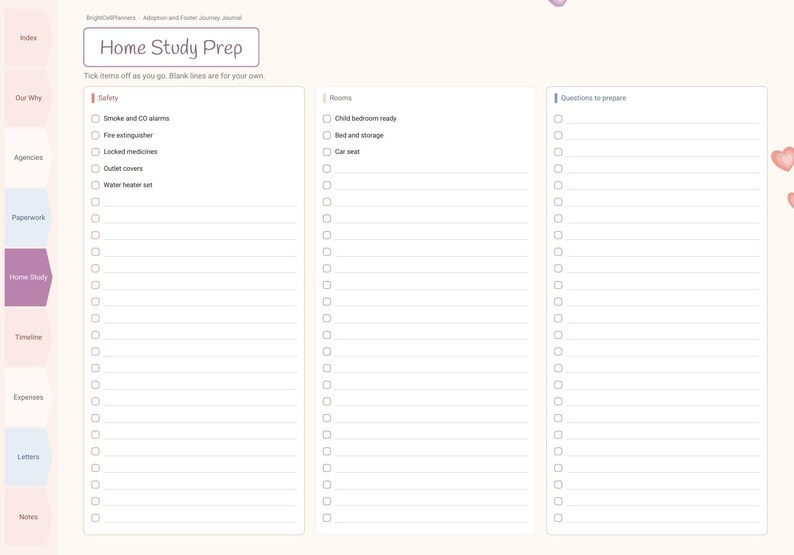 May include: A digital planner page titled Home Study Prep with three columns for checklists. Sections include Safety, Rooms, and Questions to prepare. The left side features navigation tabs labeled Index, Our Why, Agencies, Paperwork, Home Study, Timeline, Expenses, Letters, and Notes.
