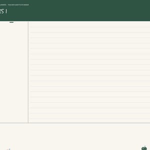 May include: A digital planner page titled NOTES 1 with a dark green header and a cream-colored background. The layout features a left sidebar with navigation tabs, a large lined writing area, and a small summary section at the bottom.