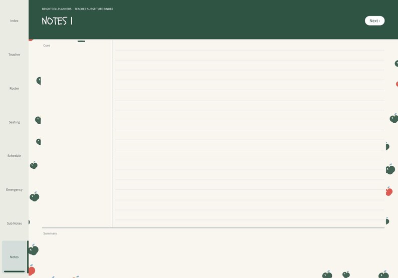 May include: A digital planner page titled NOTES 1 with a dark green header and a cream-colored background. The layout features a left sidebar with navigation tabs, a large lined writing area, and a small summary section at the bottom.