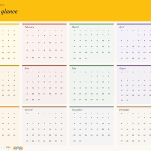 May include: A 2027 digital planner page titled 2027 at a glance with twelve monthly calendar grids. The layout features a yellow header, a right-side navigation bar with tabs for months and categories, and small rainbow graphics.