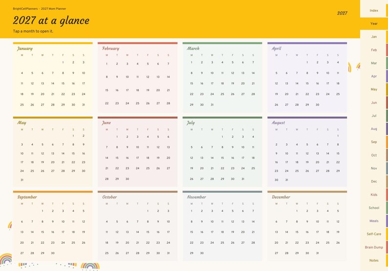 May include: A 2027 digital planner page titled 2027 at a glance with twelve monthly calendar grids. The layout features a yellow header, a right-side navigation bar with tabs for months and categories, and small rainbow graphics.