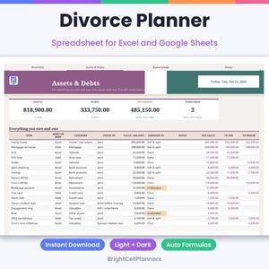 K&ouml;nnte beinhalten: Eine digitale Divorce Planner Tabellenkalkulation f&uuml;r Excel und Google Sheets. Die Benutzeroberfl&auml;che zeigt ein Dashboard f&uuml;r Verm&ouml;genswerte und Schulden mit Spalten f&uuml;r Posten, Kategorie, Wert und Nettowert. Text: 'Divorce Planner', 'Assets & Debts', 'BrightCellPlanners'.
