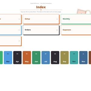 May include: A digital bookkeeping planner index page featuring a main header titled Index, with clickable tiles for Year at a glance, Setup, Monthly, Annual, Orders, and Notes. A row of twelve colored month tiles for 2027 is displayed below.
