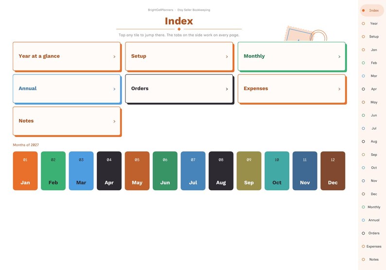 May include: A digital bookkeeping planner index page featuring a main header titled Index, with clickable tiles for Year at a glance, Setup, Monthly, Annual, Orders, and Notes. A row of twelve colored month tiles for 2027 is displayed below.