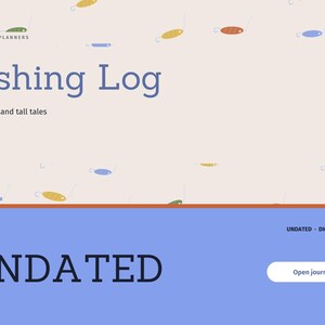 K&ouml;nnte beinhalten: Ein digitales Angel-Tagebuch mit cremefarbenem Hintergrund und kleinen, bunten Angelk&ouml;der-Symbolen. Der Text lautet "BRIGHTCELLPLANNERS", "Fishing Log", "Tight lines and tall tales", "UNDATED" und "Open journal".