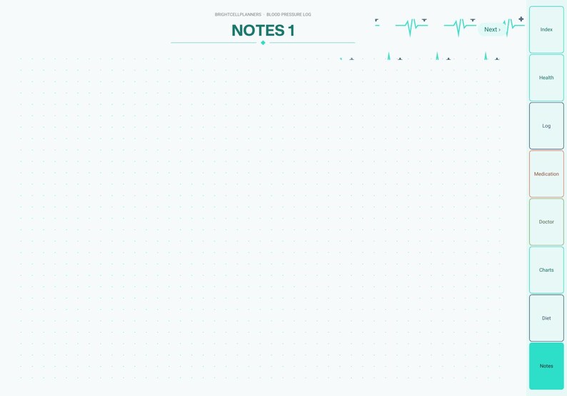 May include: A digital planner page titled NOTES 1 with a dotted grid background. The top features a heart rate monitor graphic. A vertical navigation bar on the right includes tabs labeled Index, Health, Log, Medication, Doctor, Charts, Diet, and Notes.