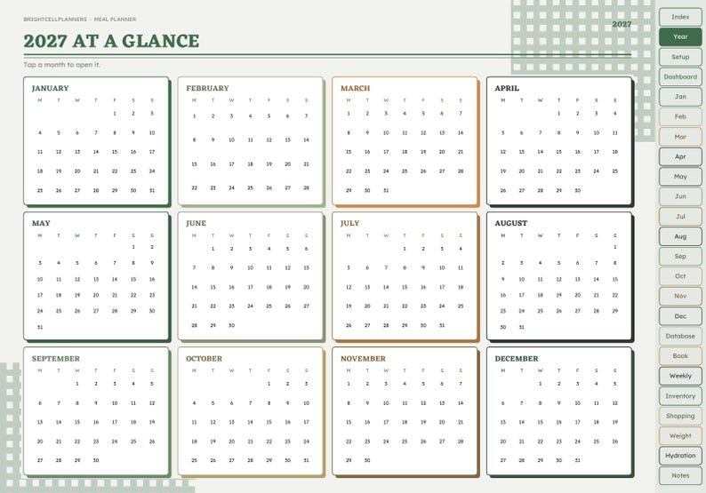 May include: A digital 2027 meal planner calendar featuring twelve monthly grids arranged in a four-by-three layout. The interface includes a sidebar with navigation tabs labeled Index, Year, Setup, Dashboard, and months from Jan to Dec, plus Database, Book, Weekly, Inventory, Shopping, Weight, Hydration, and Notes.