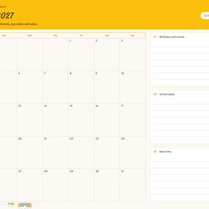 May include: A digital planner page for January 2027 with a yellow header, a monthly calendar grid, and three lined sections labelled Birthdays and events, School dates, and Mom time. A vertical navigation tab menu is on the right side.