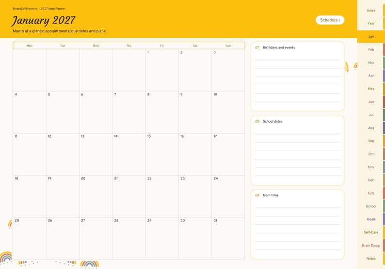 May include: A digital planner page for January 2027 with a yellow header, a monthly calendar grid, and three lined sections labelled Birthdays and events, School dates, and Mom time. A vertical navigation tab menu is on the right side.