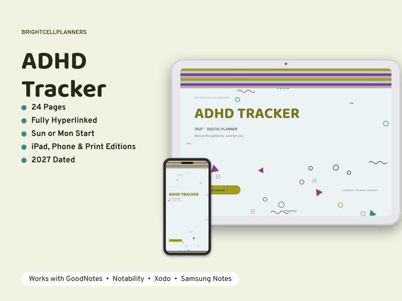 2027 Digital ADHD Tracker, Tablet ADHD Tracker PDF, Hyperlinked Planner, Year in Pixels, Daily Log, Tablet Planner image 1