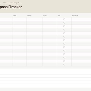 May include: A digital 2027 Proposal Tracker planner page with a beige header and a sidebar listing months and categories. The table includes columns for Date, Client, Project, Quote, Sent, Follow-up, and Won, with a notes section at the bottom.
