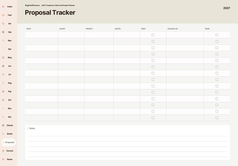 May include: A digital 2027 Proposal Tracker planner page with a beige header and a sidebar listing months and categories. The table includes columns for Date, Client, Project, Quote, Sent, Follow-up, and Won, with a notes section at the bottom.