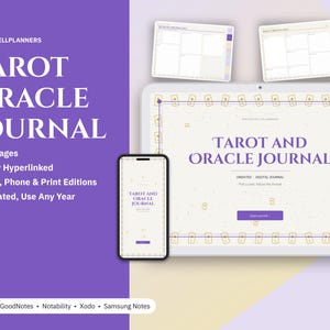 May include: A digital Tarot Oracle Journal displayed on a tablet and smartphone screen, featuring purple text on a cream background. The interface includes 26 pages, hyperlinks, and undated layouts compatible with GoodNotes, Notability, Xodo, and Samsung Notes.