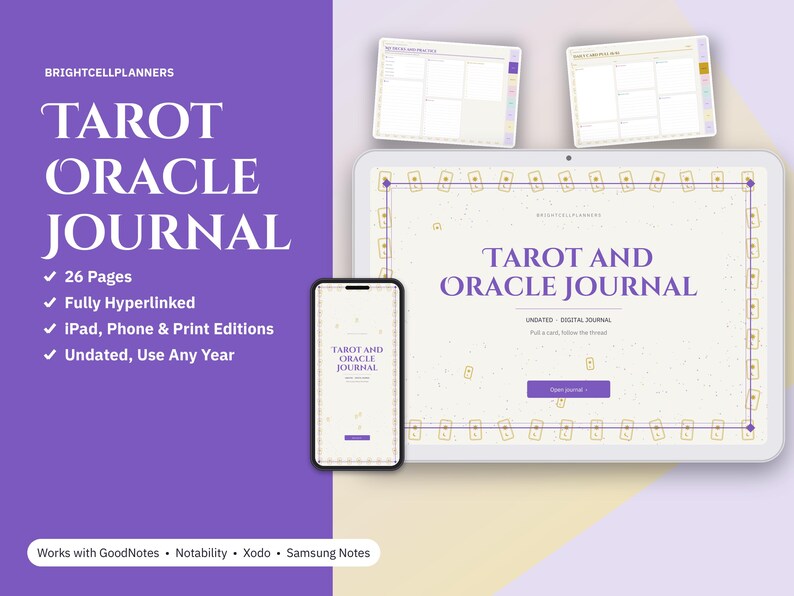 May include: A digital Tarot Oracle Journal displayed on a tablet and smartphone screen, featuring purple text on a cream background. The interface includes 26 pages, hyperlinks, and undated layouts compatible with GoodNotes, Notability, Xodo, and Samsung Notes.
