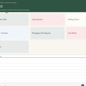 May include: A digital teacher substitute binder index page with a dark green header, light cream background with apple icons, and navigation tabs. It features clickable tiles for Teacher Info, Class Roster, Seating Chart, Daily Schedule, Emergency Procedures, Sub Notes, and Notes, plus a lined Quick Notes section.