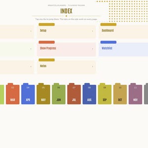 May include: A digital planner index page titled BRIGHTCELLPLANNERS - TV & MOVIE TRACKER. It features navigation tiles for Year at a glance, Setup, Dashboard, Watch Log, Show Progress, Watchlist, Subscriptions, and Notes, plus a monthly calendar row.
