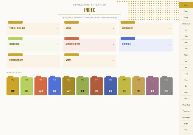 May include: A digital planner index page titled BRIGHTCELLPLANNERS - TV & MOVIE TRACKER. It features navigation tiles for Year at a glance, Setup, Dashboard, Watch Log, Show Progress, Watchlist, Subscriptions, and Notes, plus a monthly calendar row.