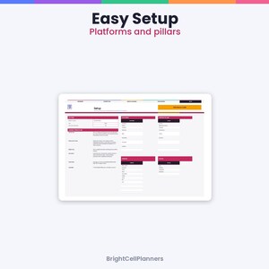 May include: A digital planner interface titled Easy Setup Platforms and pillars by BrightCellPlanners. The screen displays a setup form with dark pink headers, white input fields, and organized sections for platform and pillar details.