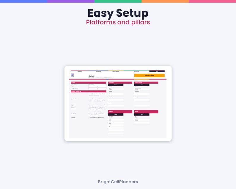 May include: A digital planner interface titled Easy Setup Platforms and pillars by BrightCellPlanners. The screen displays a setup form with dark pink headers, white input fields, and organized sections for platform and pillar details.