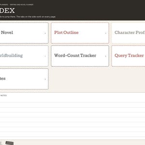 May include: A digital writing and novel planner index page featuring a sidebar with navigation icons and a main area with clickable tiles labeled My Novel, Plot Outline, Character Profiles, Worldbuilding, Word-Count Tracker, Query Tracker, and Notes.