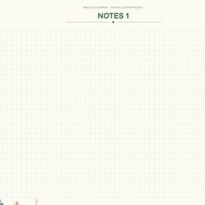 May include: A digital planner page titled NOTES 1 with a grid background. The left sidebar features navigation tabs labeled Index, Budget, Purchases, Reimburse, Grants, Wish List, Inventory, Summary, and Notes. The top includes Brightcell Planners.