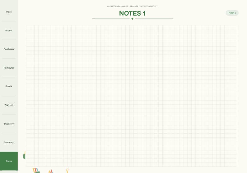 May include: A digital planner page titled NOTES 1 with a grid background. The left sidebar features navigation tabs labeled Index, Budget, Purchases, Reimburse, Grants, Wish List, Inventory, Summary, and Notes. The top includes Brightcell Planners.
