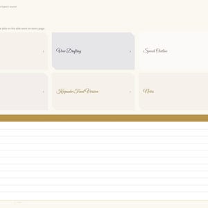 May include: A digital wedding speech journal index page featuring a gold header, navigation tabs on the right, and six interactive tiles labeled Story Brainstorm, Vow Drafting, Speech Outline, Practice Tracker, Keepsake Final Version, and Notes.