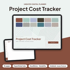 Puede incluir: Un planificador digital sin fecha titulado Project Cost Tracker mostrado en dos pantallas de tableta. La interfaz presenta una cuadr&iacute;cula de rect&aacute;ngulos de colores, patrones de l&iacute;neas geom&eacute;tricas y un bot&oacute;n con la etiqueta Open planner. La segunda pantalla muestra una p&aacute;gina de cuadr&iacute;cula en blanco.