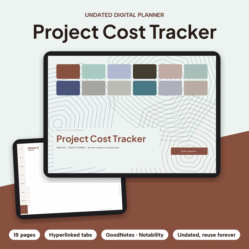 Puede incluir: Un planificador digital sin fecha titulado Project Cost Tracker mostrado en dos pantallas de tableta. La interfaz presenta una cuadr&iacute;cula de rect&aacute;ngulos de colores, patrones de l&iacute;neas geom&eacute;tricas y un bot&oacute;n con la etiqueta Open planner. La segunda pantalla muestra una p&aacute;gina de cuadr&iacute;cula en blanco.