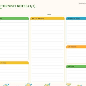 May include: A digital planner page titled DOCTOR VISIT NOTES (1/2) with sections for Questions, What We Discussed, Medication Changes, Labs Ordered, Recent Numbers, and Next Visit. The layout features colorful tabs on the left side.