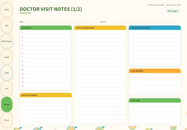 May include: A digital planner page titled DOCTOR VISIT NOTES (1/2) with sections for Questions, What We Discussed, Medication Changes, Labs Ordered, Recent Numbers, and Next Visit. The layout features colorful tabs on the left side.