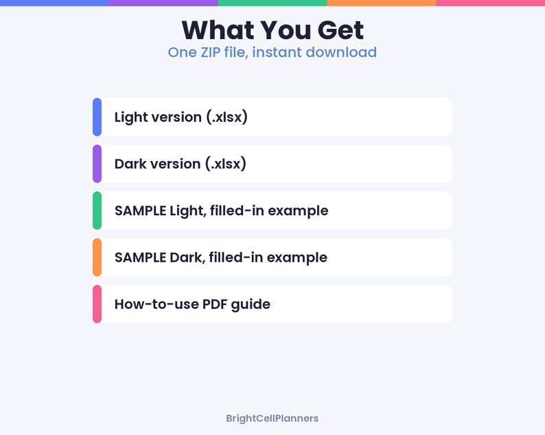 May include: A digital product listing titled What You Get, One ZIP file, instant download. It lists five items: Light version (.xlsx), Dark version (.xlsx), SAMPLE Light, filled-in example, SAMPLE Dark, filled-in example, and How-to-use PDF guide.
