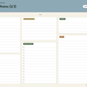May include: A digital bird watching journal page titled Location Notes (1/3) with a blue header, cream background, and tabs on the right. It features lined sections for place, habitat, season, weather, directions, and a species checklist.