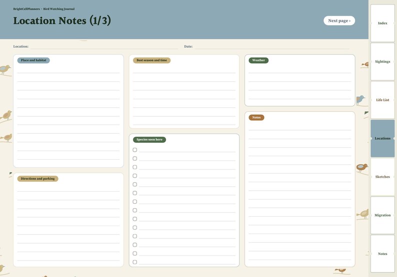 May include: A digital bird watching journal page titled Location Notes (1/3) with a blue header, cream background, and tabs on the right. It features lined sections for place, habitat, season, weather, directions, and a species checklist.