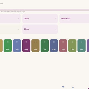 May include: A digital planner index page for 2027 featuring a navigation menu with tiles for Year at a glance, Setup, Dashboard, Budget Tracker, and Notes. A row of twelve colored monthly buttons labeled Jan through Dec sits below.
