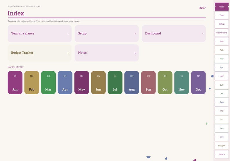 May include: A digital planner index page for 2027 featuring a navigation menu with tiles for Year at a glance, Setup, Dashboard, Budget Tracker, and Notes. A row of twelve colored monthly buttons labeled Jan through Dec sits below.