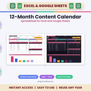 Hoja de cálculo para la planificación de contenidos a 12 meses: Planificador de redes sociales para Instagram, TikTok y blogs (Descarga digital)