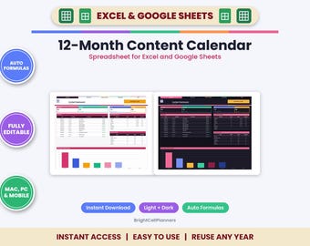 12-Month Content Calendar Spreadsheet – Social Media Planner for Instagram, TikTok, Blog (Digital Download)