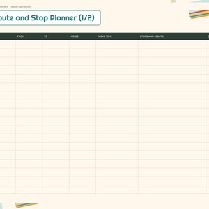 K&ouml;nnte beinhalten: Eine digitale Route and Stop Planner (1/2) Vorlage mit cremefarbenem Hintergrund. Die Tabelle enth&auml;lt Spalten f&uuml;r Day, From, To, Miles, Drive Time, Stops and Sights und Overnight. Eine Seitenleiste listet Index, Trip, Route, Fuel, Packing, Itinerary, Games, Memories und Notes auf.