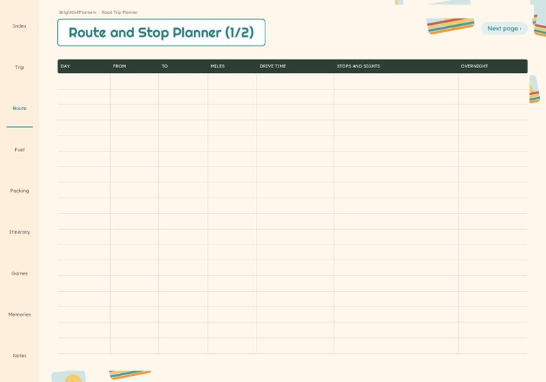 K&ouml;nnte beinhalten: Eine digitale Route and Stop Planner (1/2) Vorlage mit cremefarbenem Hintergrund. Die Tabelle enth&auml;lt Spalten f&uuml;r Day, From, To, Miles, Drive Time, Stops and Sights und Overnight. Eine Seitenleiste listet Index, Trip, Route, Fuel, Packing, Itinerary, Games, Memories und Notes auf.